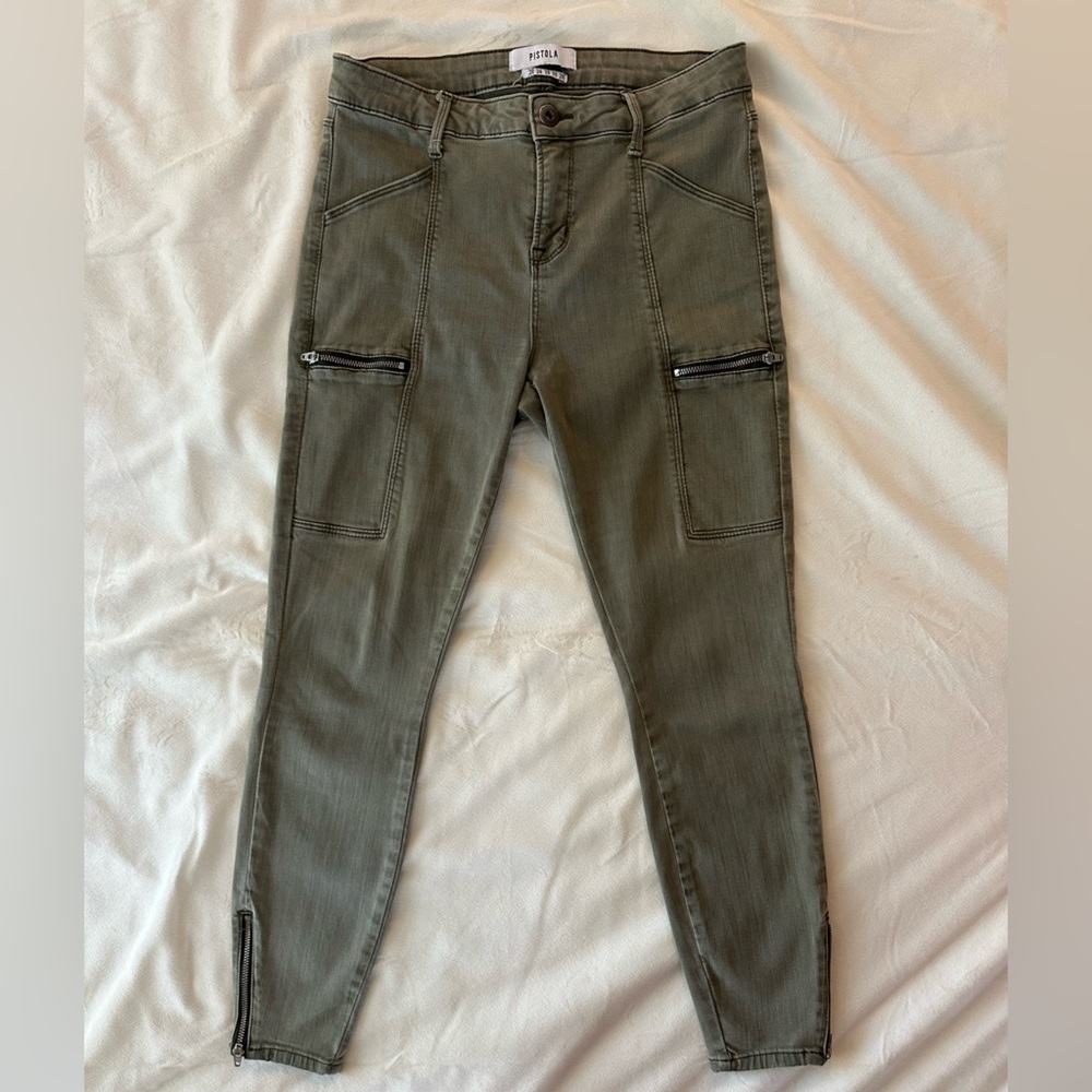 Pistola Topanga Green/Cargo Skinny Jeans Moto Ankle Zip Stretch Denim,Womens 28